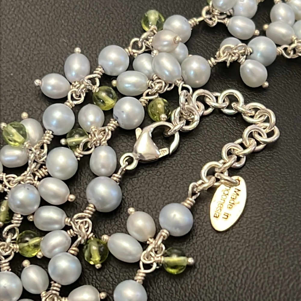 Sterling Silver Baby Blue Freshwater Pearl & Green Glass Bead Necklace - Picture 2 of 2